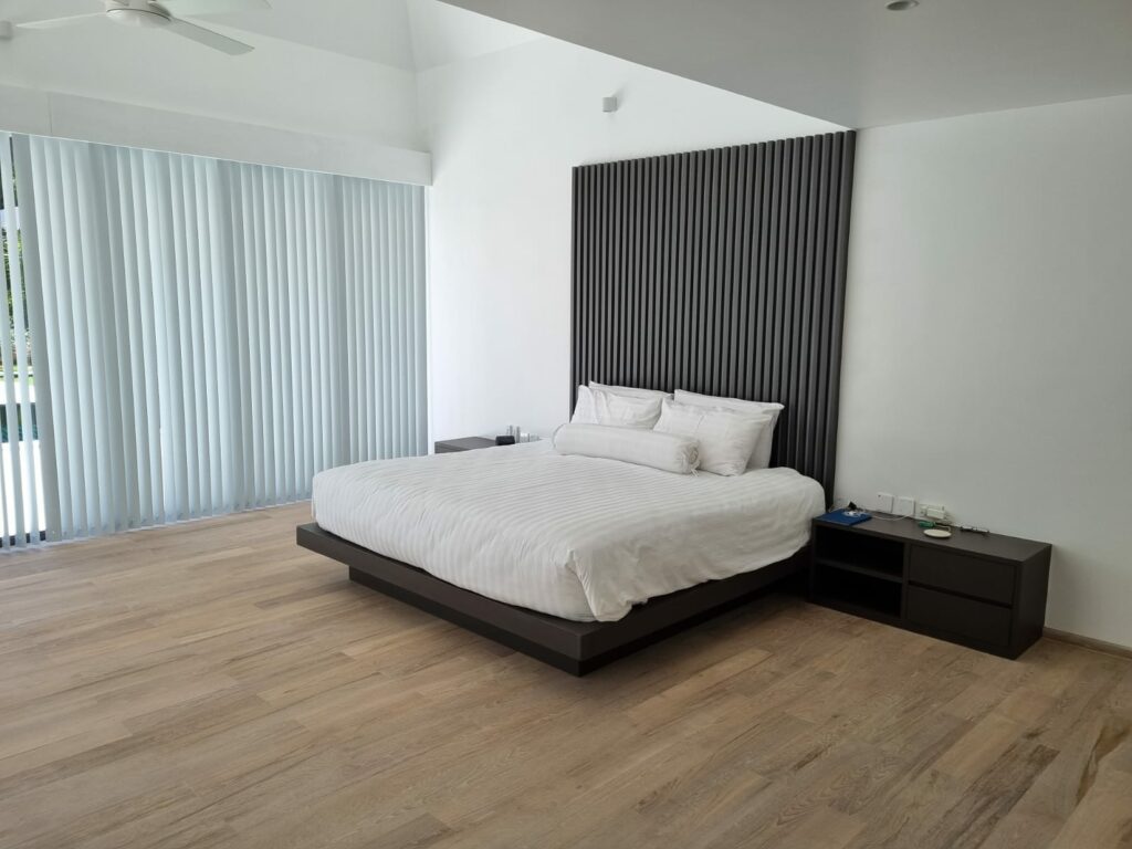 Sleeping Room at the White villa with teak wood bleached and oiled white Magic oil 2k