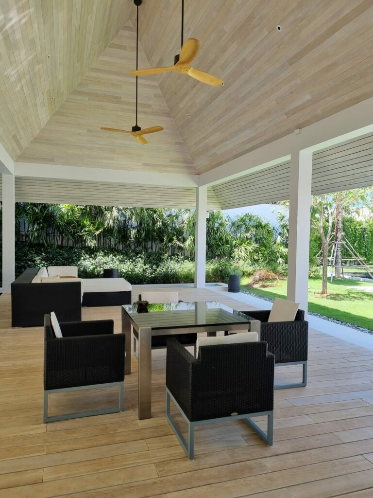 Outside Sala at the White villa with teak wood bleached and oiled white Magic oil 2k